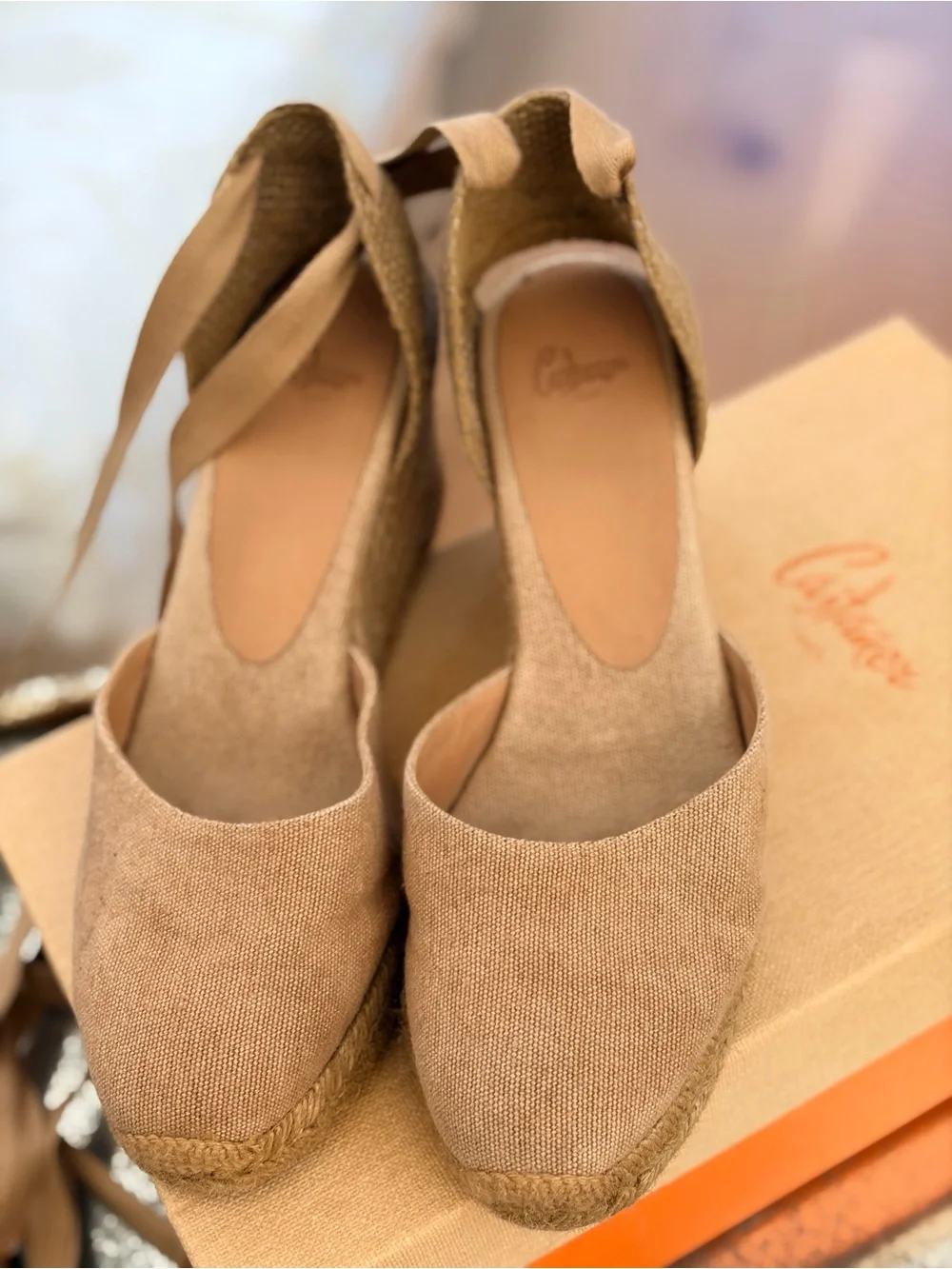 Castaner Tan Canvas Espadrille Wedge Ankle Tie